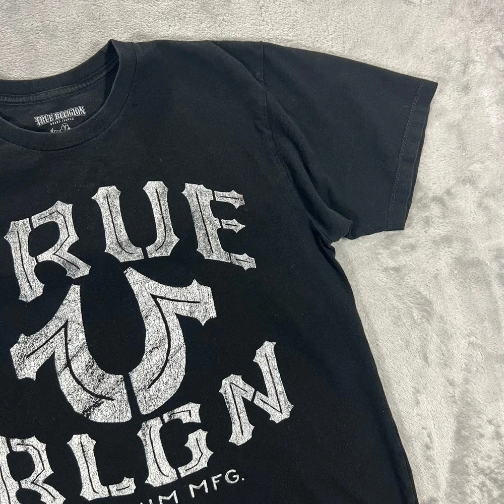 True Religion Graphic T-Shirt Mens Medium Black Excellent Horseshoe Logo Tee Y2K